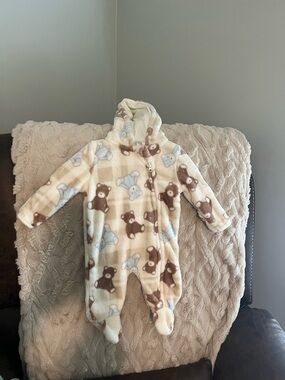 Cozy Teddy Fleece One-Piece - Cream with Brown & Light Blue